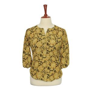 Womens Silky Blouse Gold Brown Floral Chiffon 3/4 Sleeve V-Neck Casual Top Large